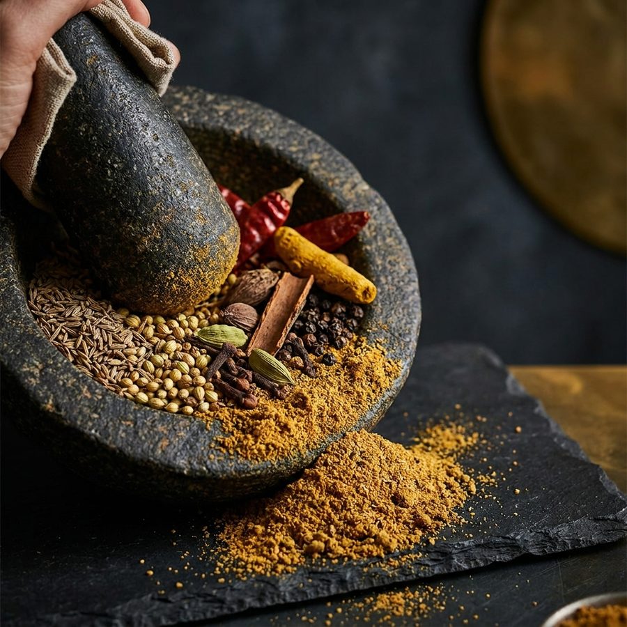 Whole spices — cumin, coriander seed, cardamom, cinnamon, cloves, dried chillies and turmeric — being ground in a stone pestle and mortar