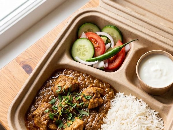 Chicken curry and rice in a Buraq box with salad and a pot of raita