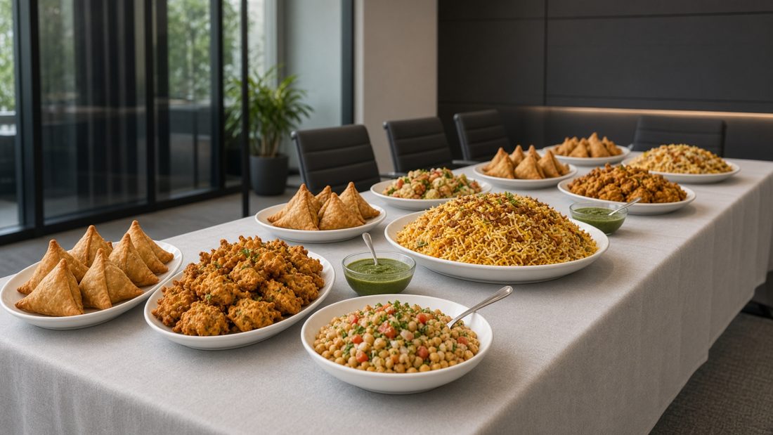 Platters of samosas, pakoras, channa chaat and biryani laid out on a meeting-room table
