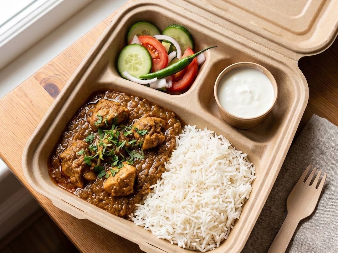 An open kraft Buraq box on a wooden table by a window: chicken curry with rice, a fan of cucumber, tomato and onion salad with a green chilli, and a pot of raita